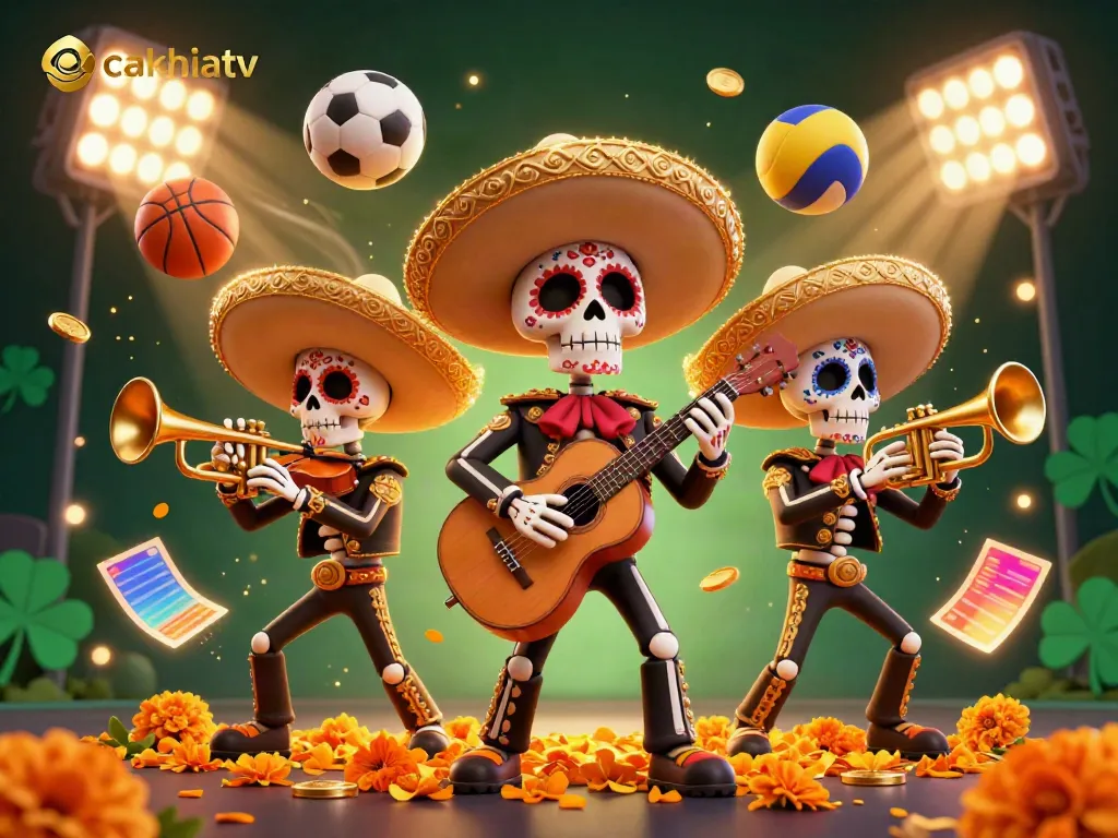 Cakhiatv showcases a vibrant 3D mariachi band amidst dynamic sports elements celebrating gambling action.