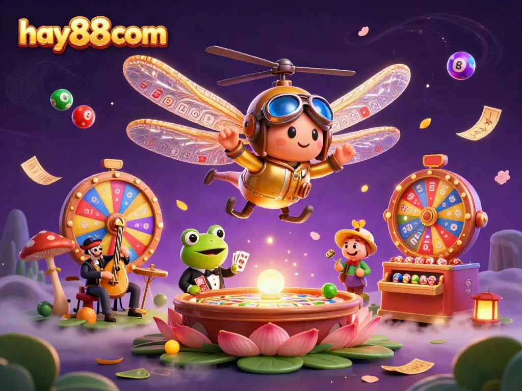 Experience the excitement with hay88 com as the dragonfly pilot hovers over a lively lily pad casino scene with dynamic games.
