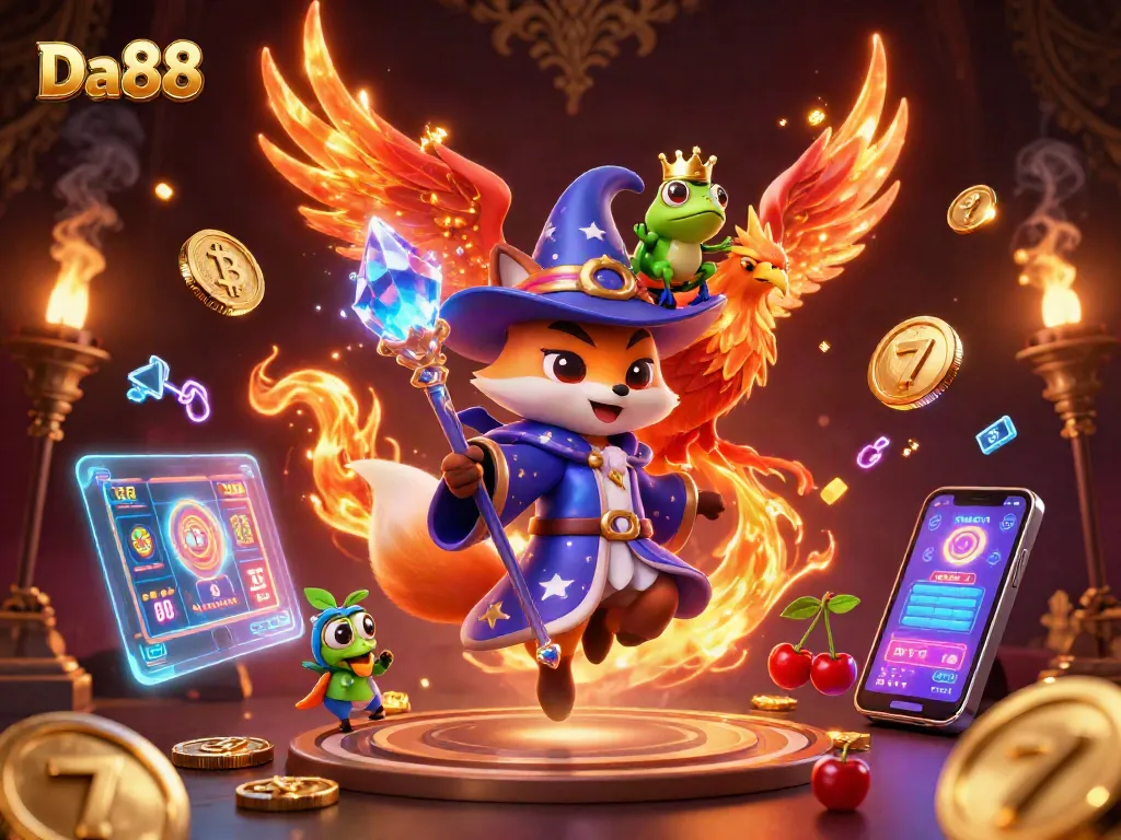 Join the excitement at Da88 with a mystical wizard, fiery phoenix, and enchanted frog in this vibrant casino scene.