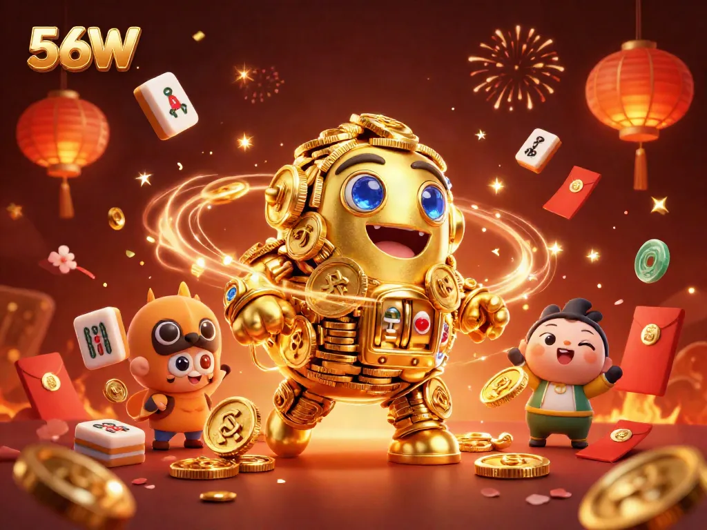 Experience the excitement of 56W with a dynamic 3D golden golem surrounded by engaging casino elements.