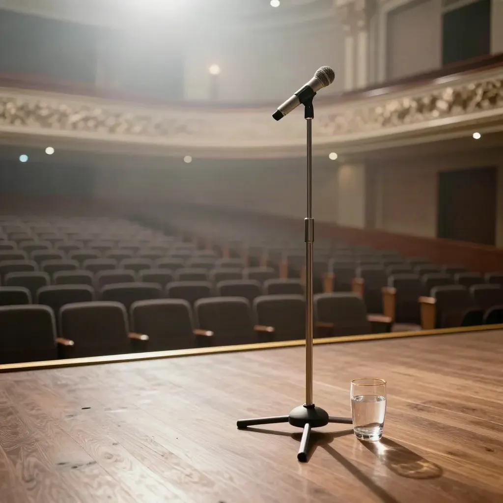 Palco vazio de teatro com microfone, copo d’água e fileiras de poltronas em penumbra