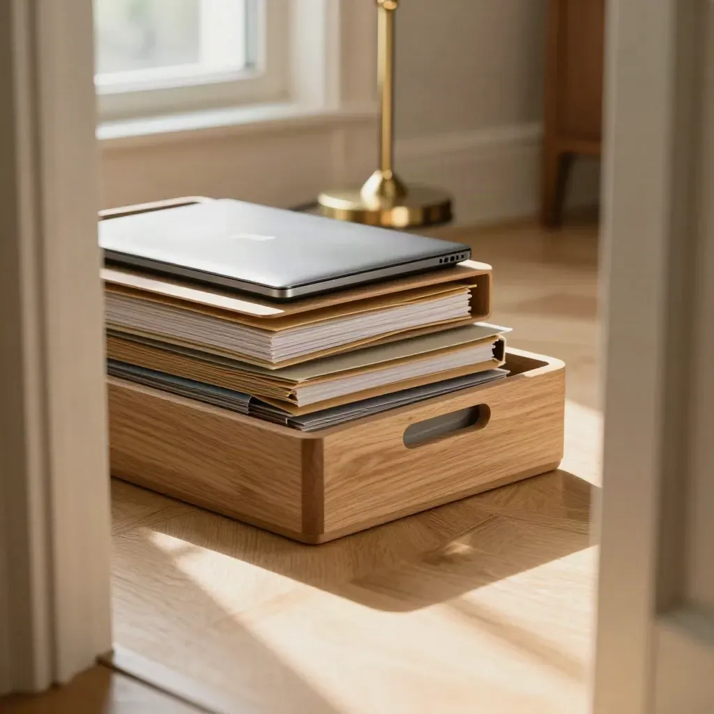 Cantinho de home office organizado com laptop fechado, bandejas e luminária em luz dourada.