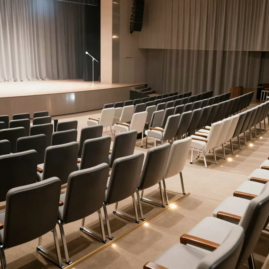 Auditório vazio após palestra, fileiras alinhadas, palco alto, luz rasante e atmosfera de haze.
