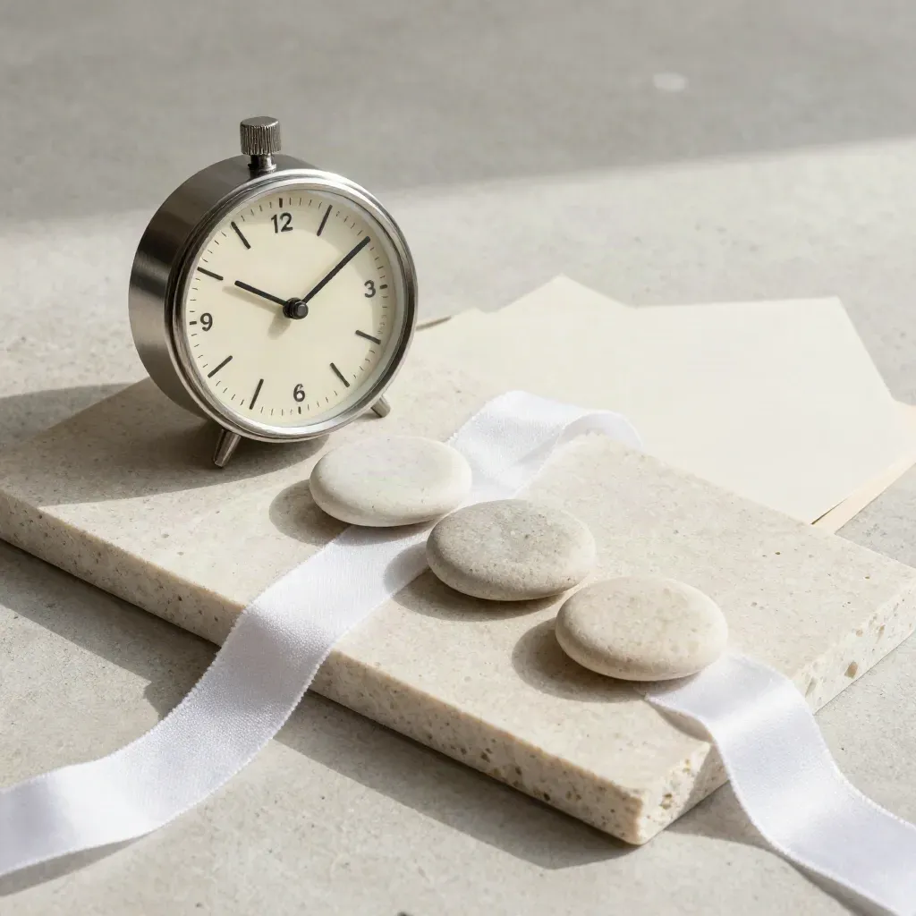 Timer analógico, três pedras e fita de linho sobre pedra clara.