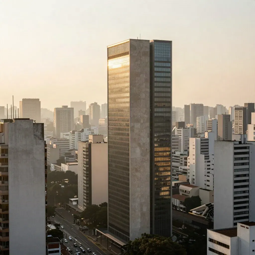 Vista aérea da Paulista com o MASP em destaque e a cidade suave ao fundo.