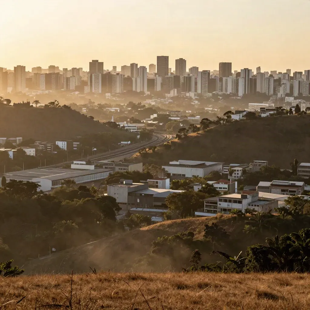 Panorama de Grande São Paulo ao pôr do sol, visto de um morro, com a cidade em névoa dourada.