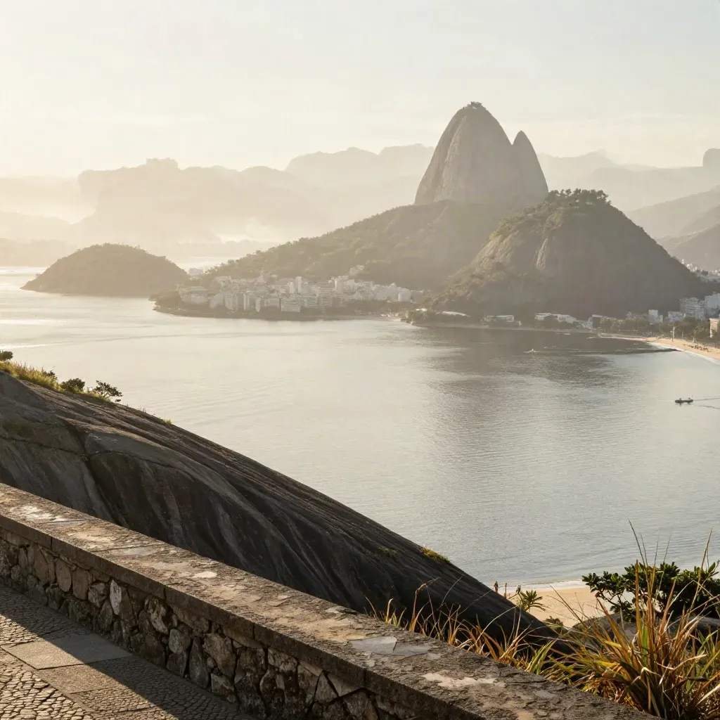 Baía de Guanabara com o Pão de Açúcar em luz dourada e água calma ao redor.