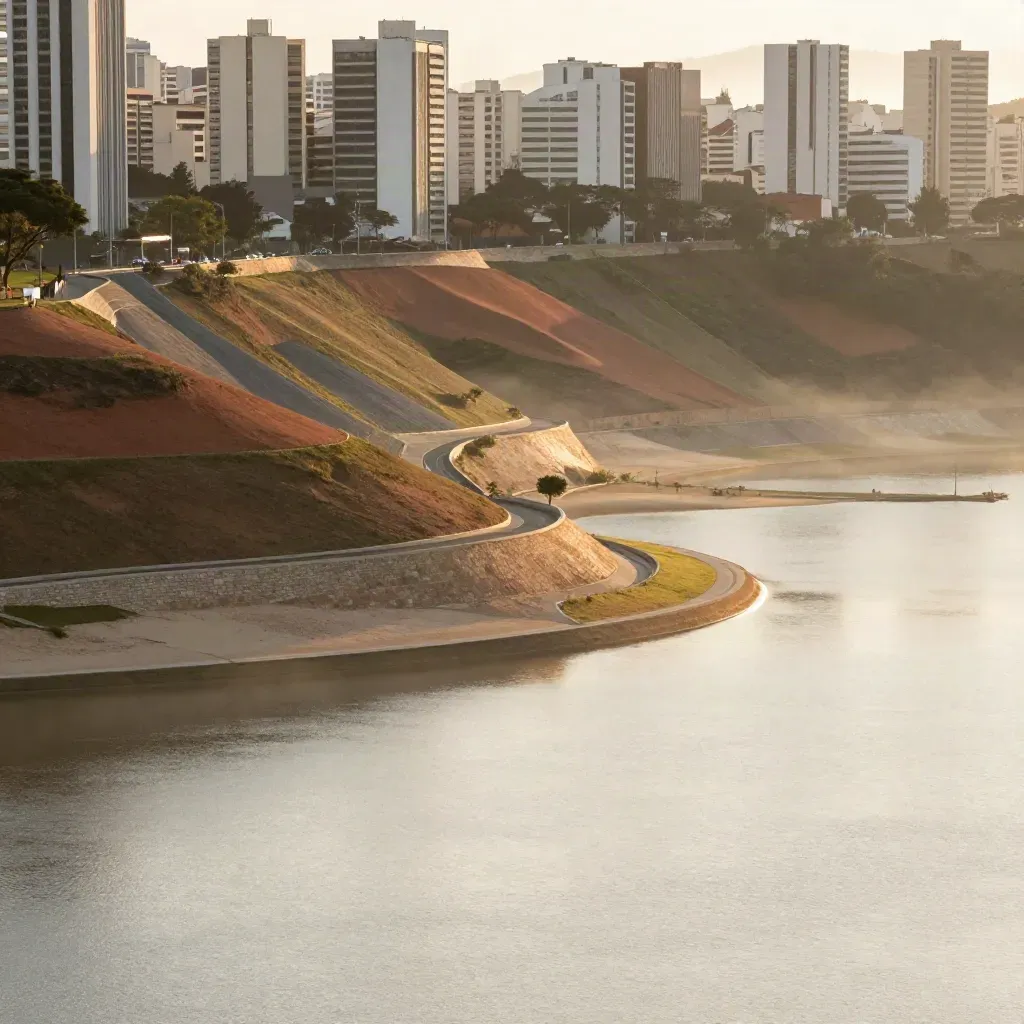 Vista abstrata de Belo Horizonte com Pampulha, colinas em luz suave e espaço livre para texto.