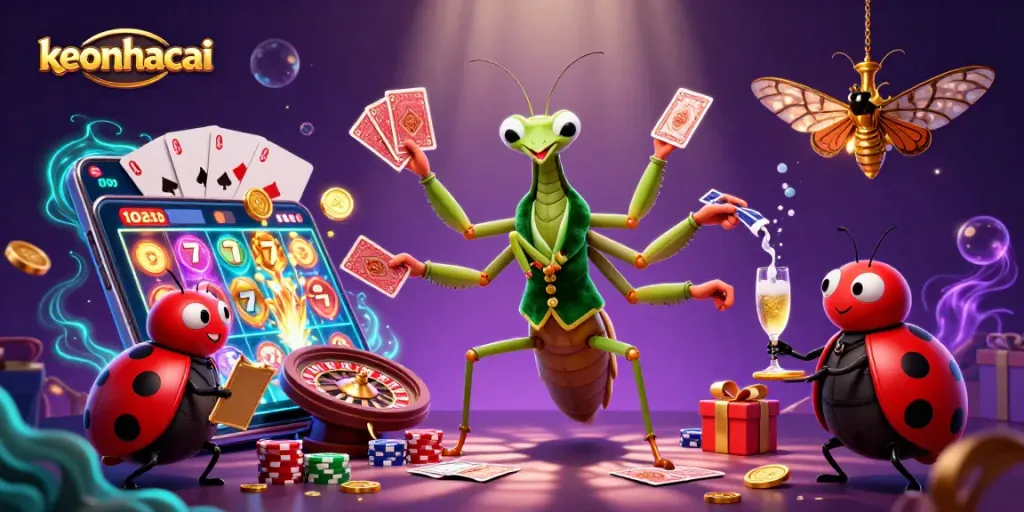 Experience the excitement of keonhacai slots with a vibrant scene featuring a card sharp and glowing elements.