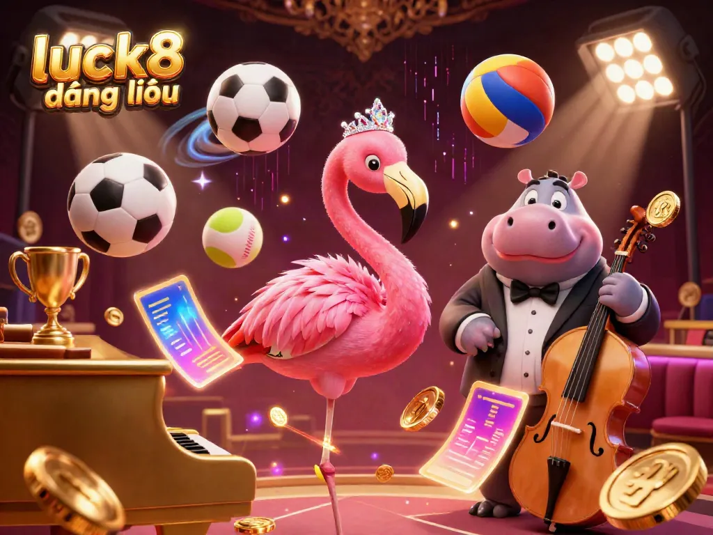 Engage in the vibrant scene of luck8 đăng nhập, with a flamingo singer and hippo bassist amidst dynamic sports elements and casino excitement.