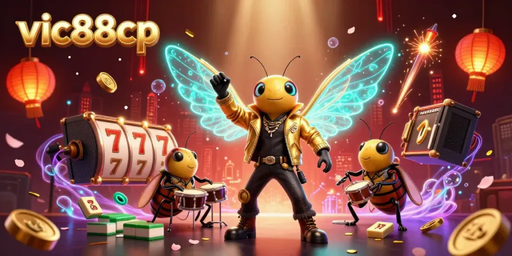Experience excitement with vic88cp as the 3D cicada rock star performs amidst vibrant casino elements.