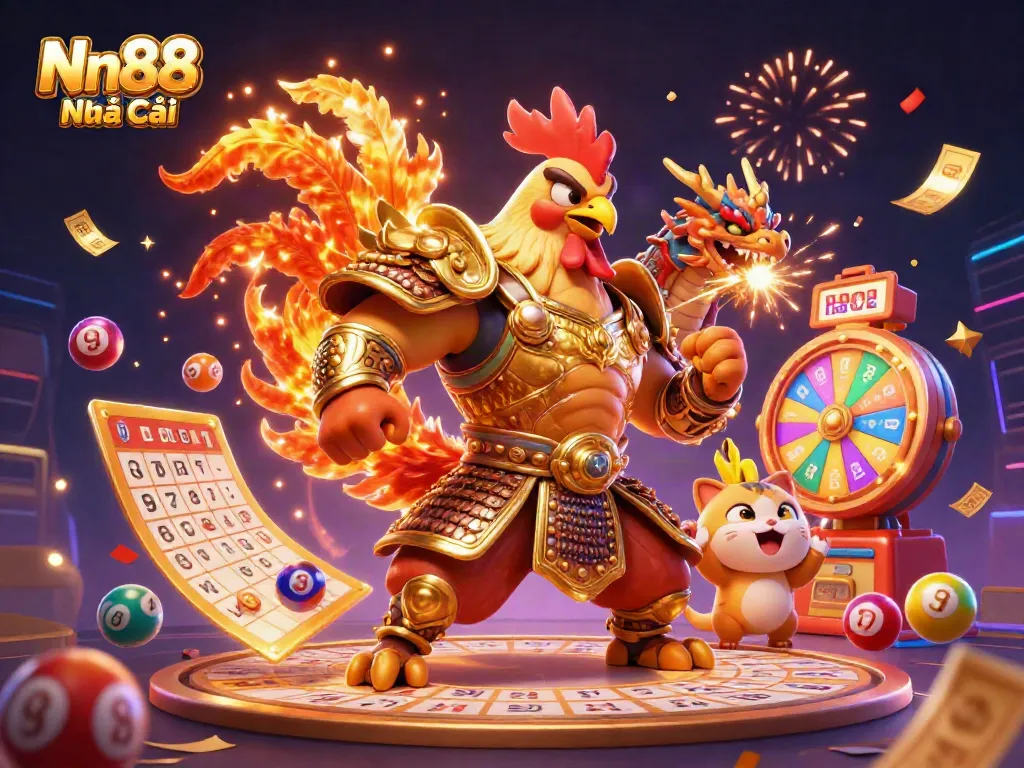 Engage with Nn88 Nhà Cái through an epic illustration showcasing a fighting rooster and dragon, embodying excitement and victory in gaming.