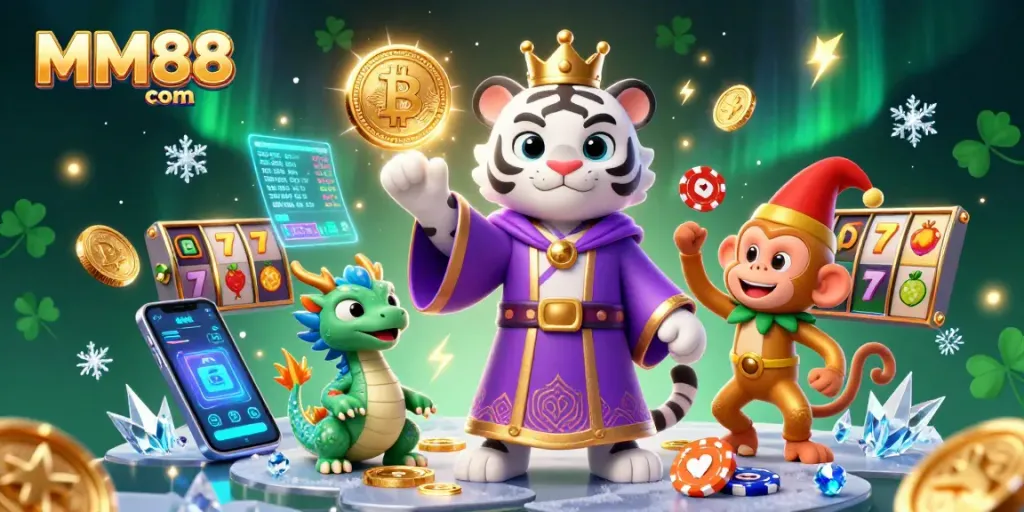 Engage with MM88 com for thrilling casino adventures, featuring a majestic tiger and lively characters.