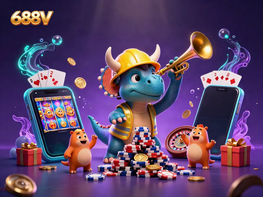 Engage in exciting gameplay with 688V as a triceratops builds a poker chip pyramid amidst vibrant casino elements.