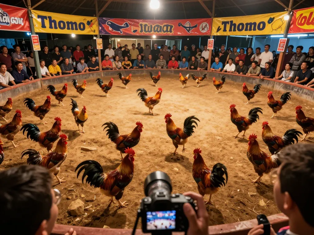 Engaging scene of lively đá gà thomo competition with colorful roosters in action.