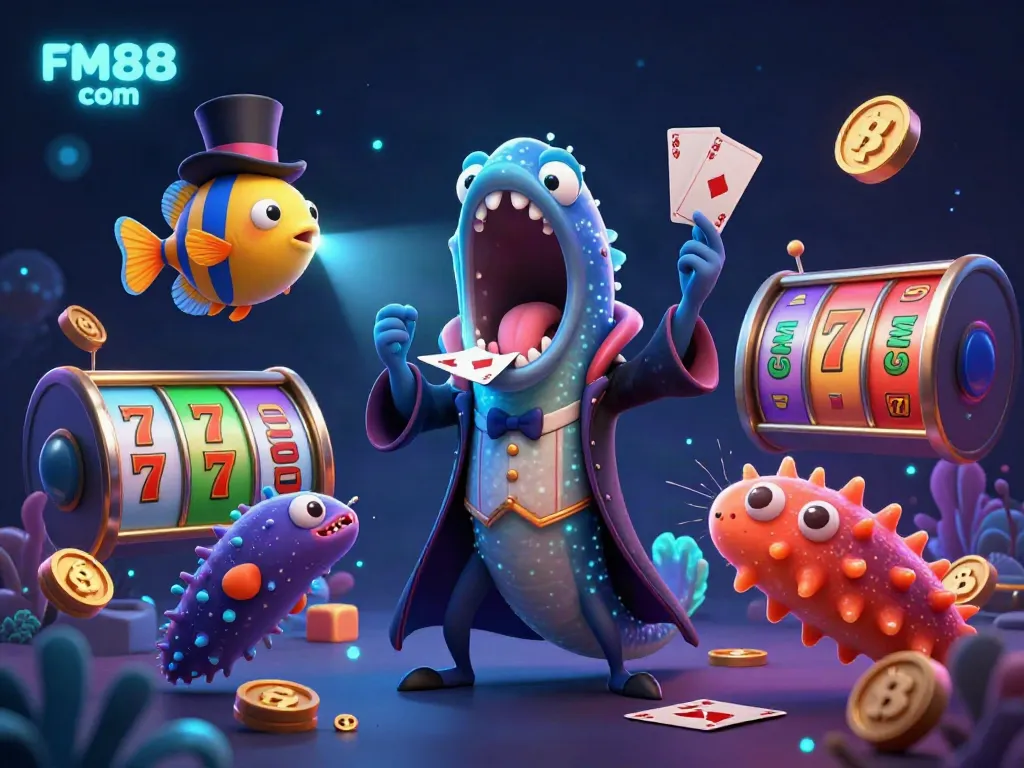 Experience thrilling card tricks with FM88 com as sea creatures perform magic in a colorful casino setting.