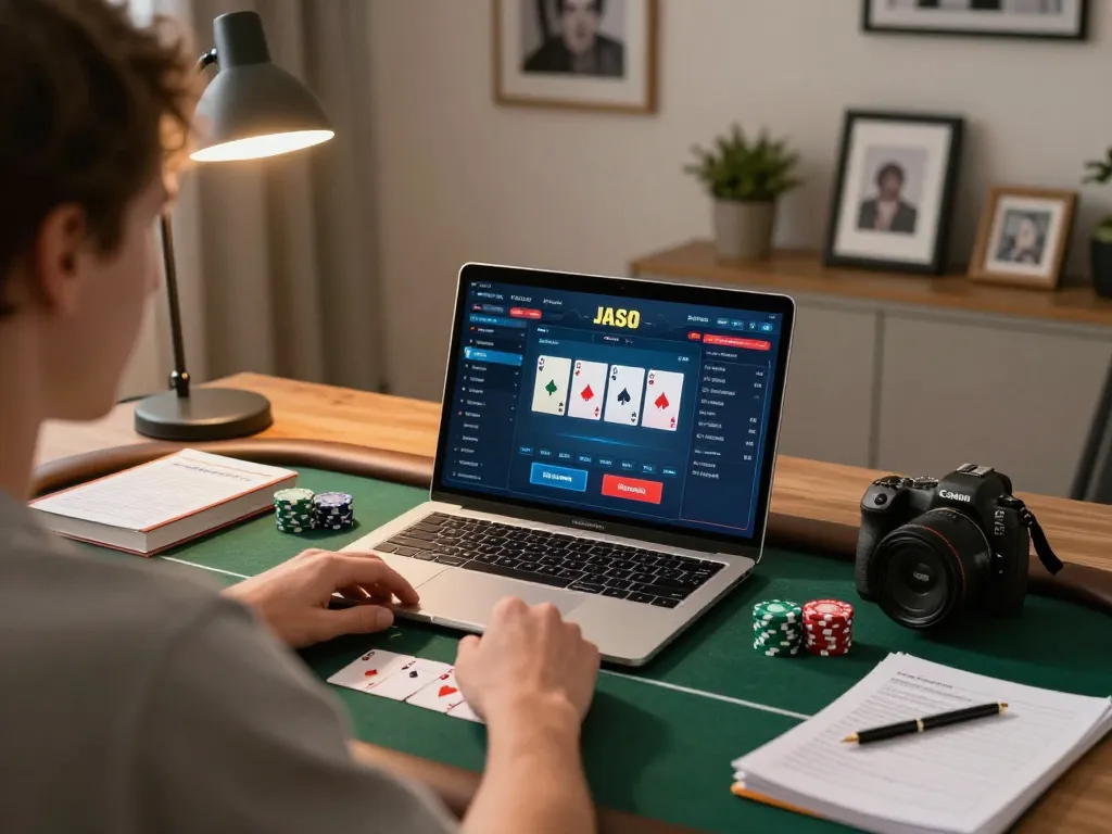 Jogador da AAVIP estudando estratégias de poker em um laptop em um ambiente aconchegante em casa