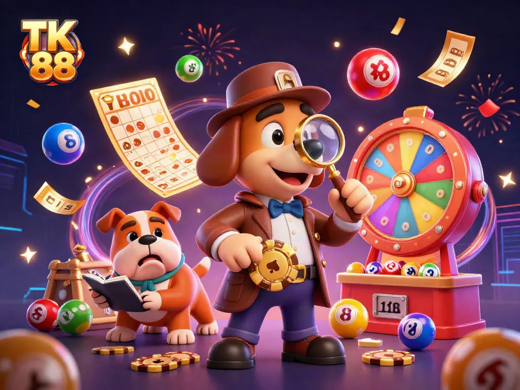 Engage with TK 88 as a 3D cartoon detective solves clues in a vibrant casino-themed scene.