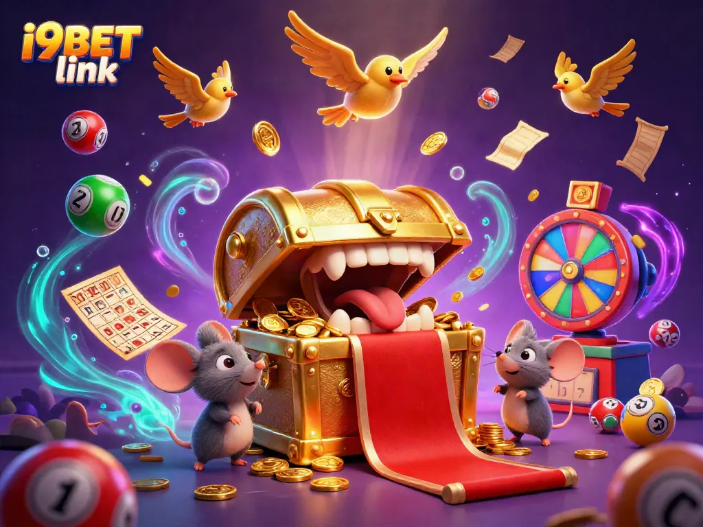 Play exciting games with i9BET link, featuring a captivating treasure chest and colorful lottery elements.