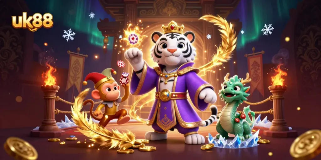 Experience thrilling gameplay at uk88 with a captivating 3D illustration featuring a majestic tiger, monkey, and dragon.