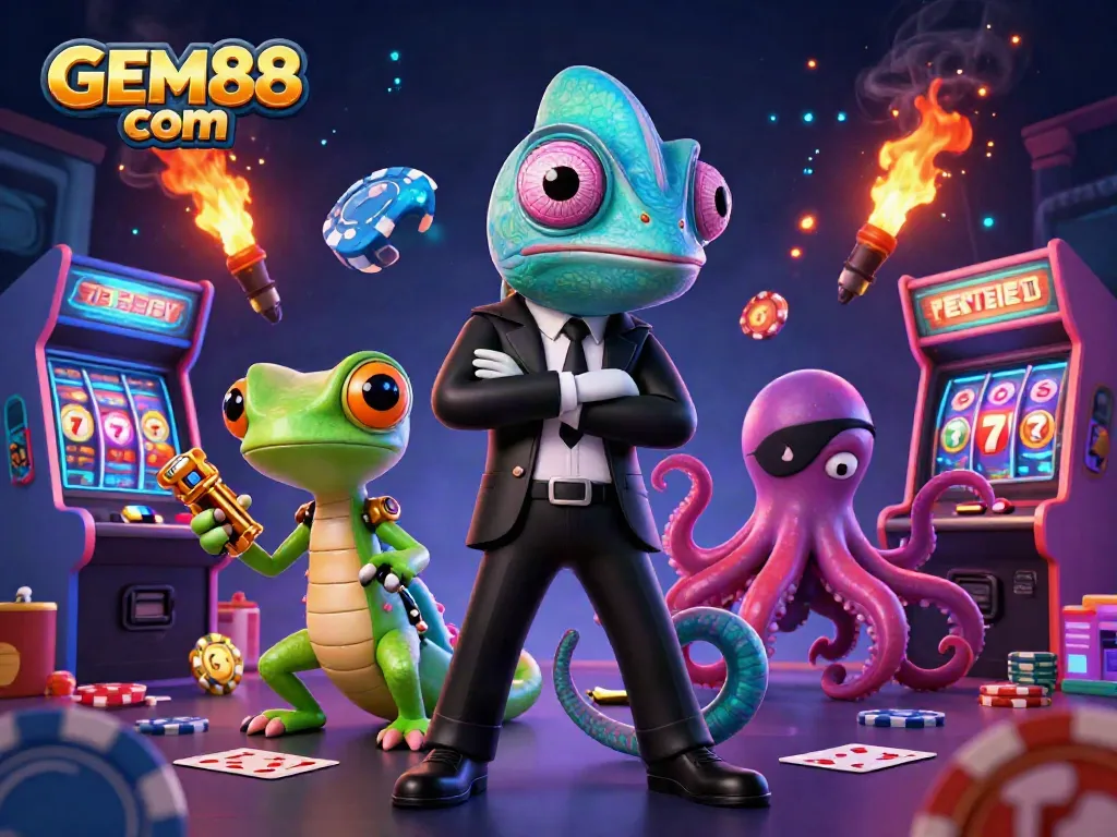 Engage in gaming excitement at GEM88 com with vibrant 3D casino characters and elements.