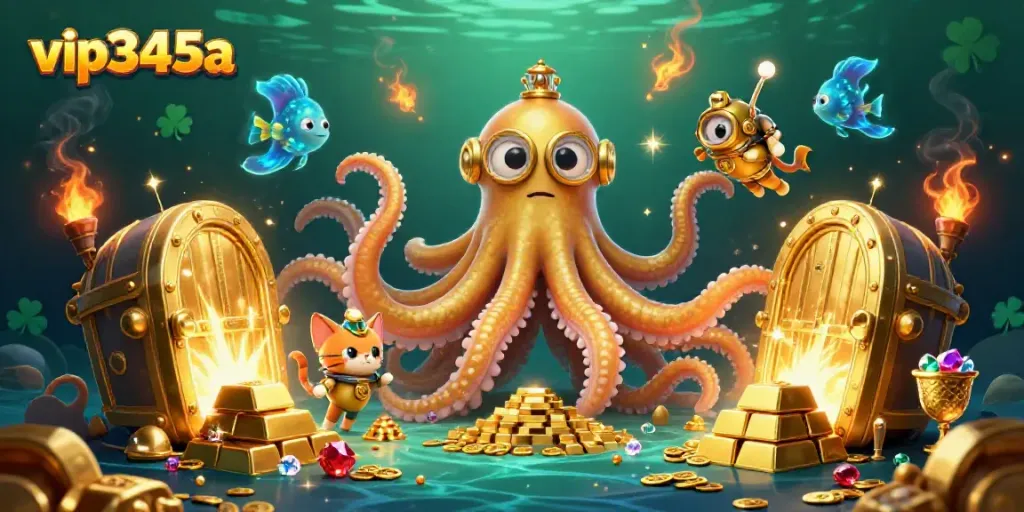 Experience thrilling gambling action with vip345a, featuring a golden kraken and treasures in a dynamic casino scene.