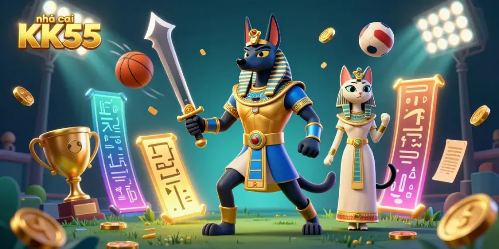 Engage with nhà cái KK55's thrilling online casino experience surrounded by dynamic sports elements and ancient Egyptian icons.