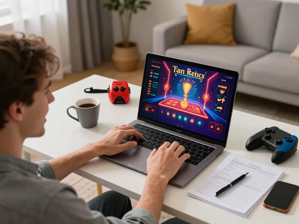 Taya777 player enjoying online gaming experience on a laptop in a cozy home setup.