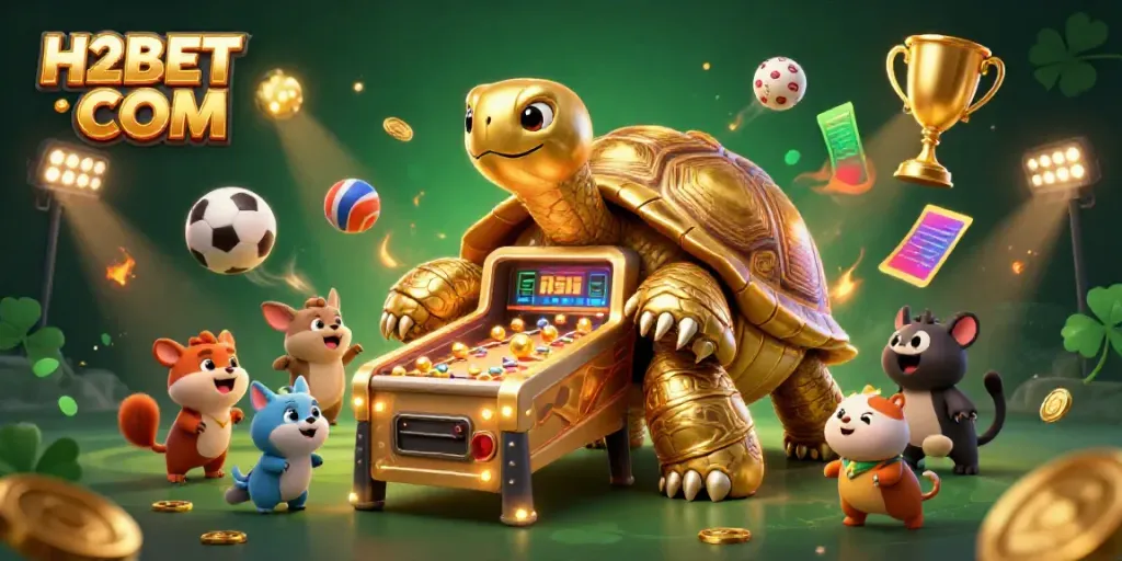 Engage with H2BET COM in a vibrant 3D casino scene filled with golden elements and exciting sports actions.