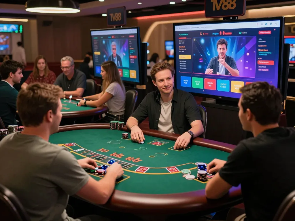Engaging players at TV88 enjoying live dealer blackjack in a vibrant online casino.