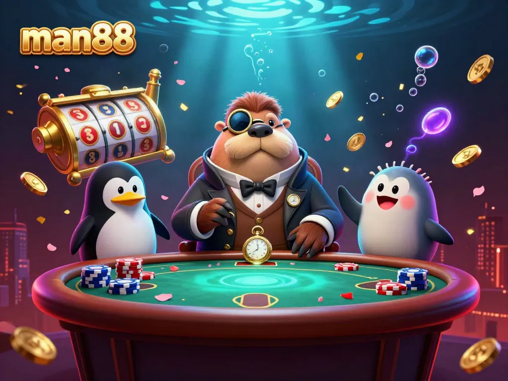 Experience thrilling poker action with man88's engaging characters in a vibrant underwater casino.