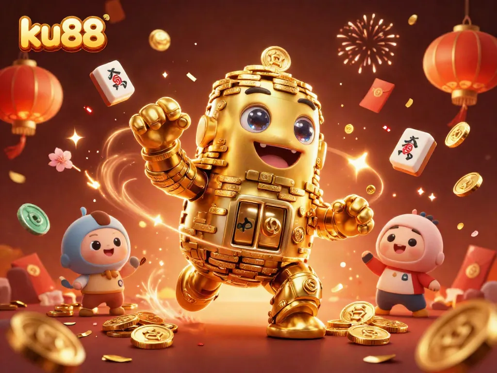 ku88 brings excitement with a golden golem surrounded by festive casino elements and fireworks.