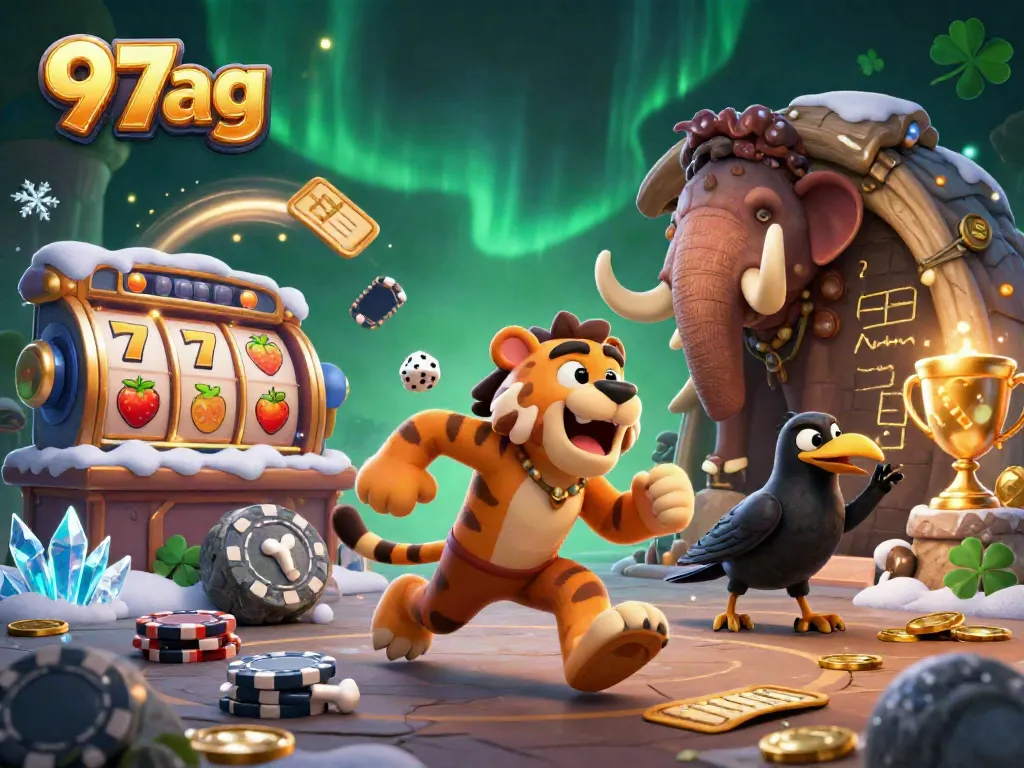 Engage with 97ag in a vibrant prehistoric casino scene featuring unique characters and dynamic game elements.