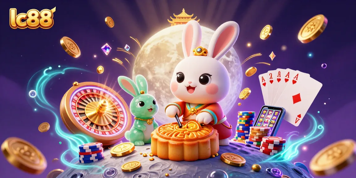 Experience the excitement of lc88 with a whimsical moon rabbit illustration, revealing poker chips and vibrant casino elements.