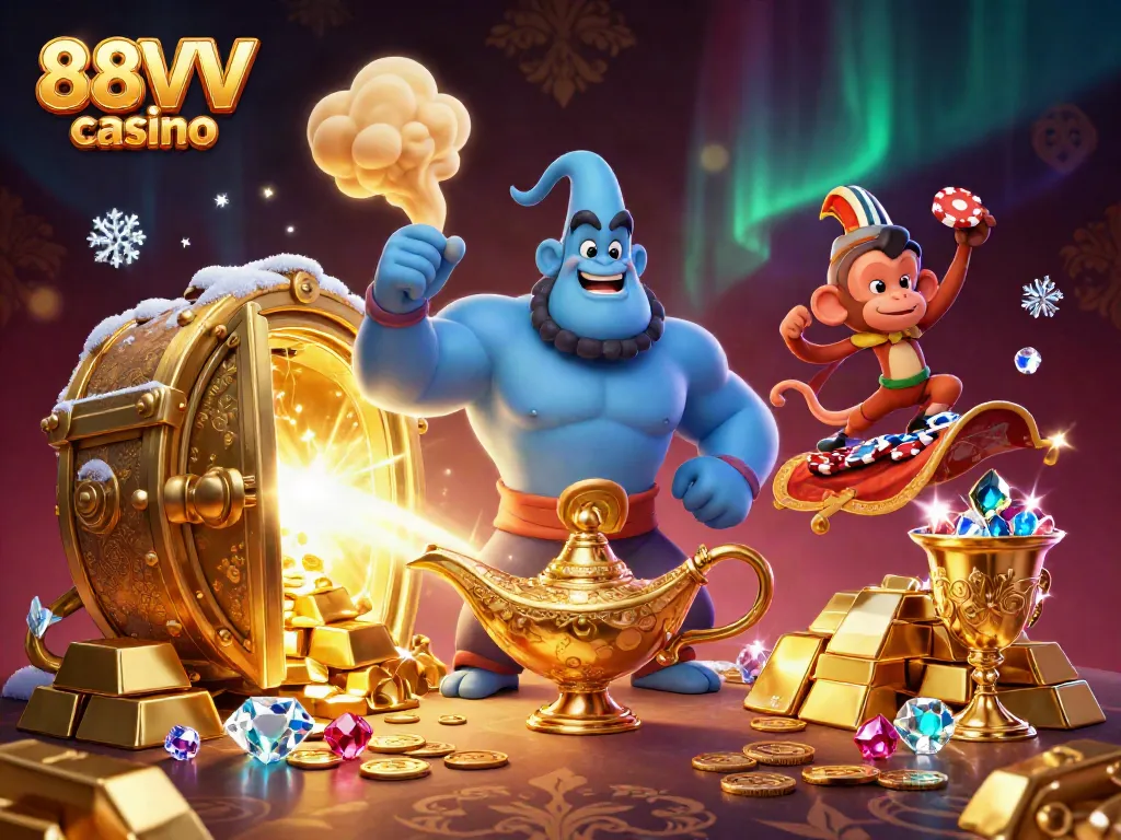 Experience the excitement of 88VV casino with a genie, monkey, and poker-themed magic carpet.