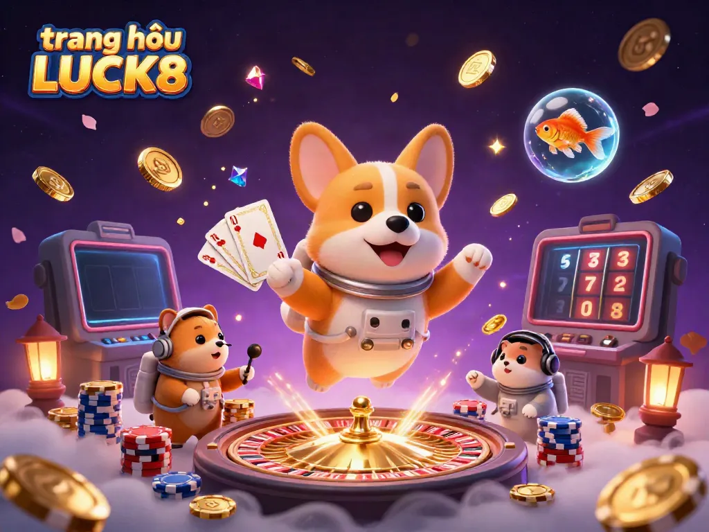 Experience the excitement of trang chủ LUCK8 with an astronaut corgi in a vibrant casino universe.