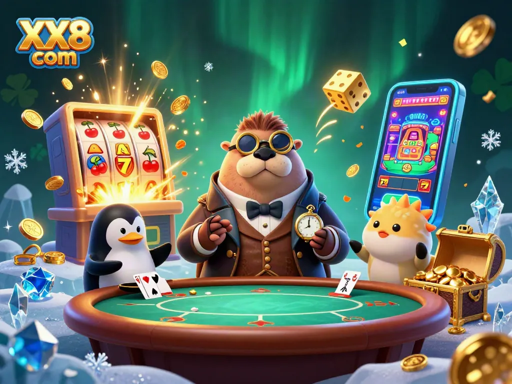 Experience the excitement of XX8 com with a jolly walrus at an underwater poker game amidst vibrant casino elements.