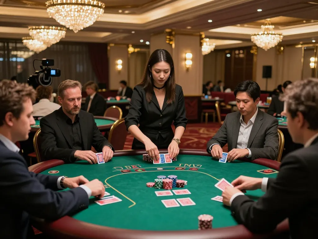 Players engaging in poker strategy at jogoluck's upscale casino floor, capturing the excitement of gameplay.