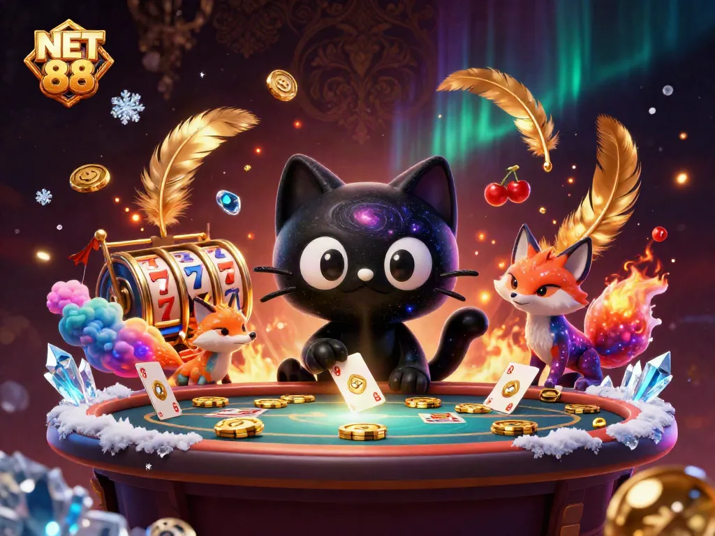 Experience excitement at NET 88 with a cosmic gaming scene featuring a black hole cat and colorful fox.