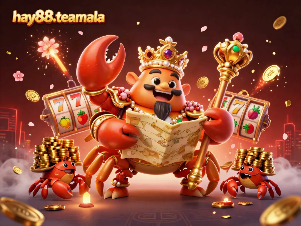 Join the fun with the hay88-teamala crab emperor in a vibrant casino scene filled with slot reels and gold!