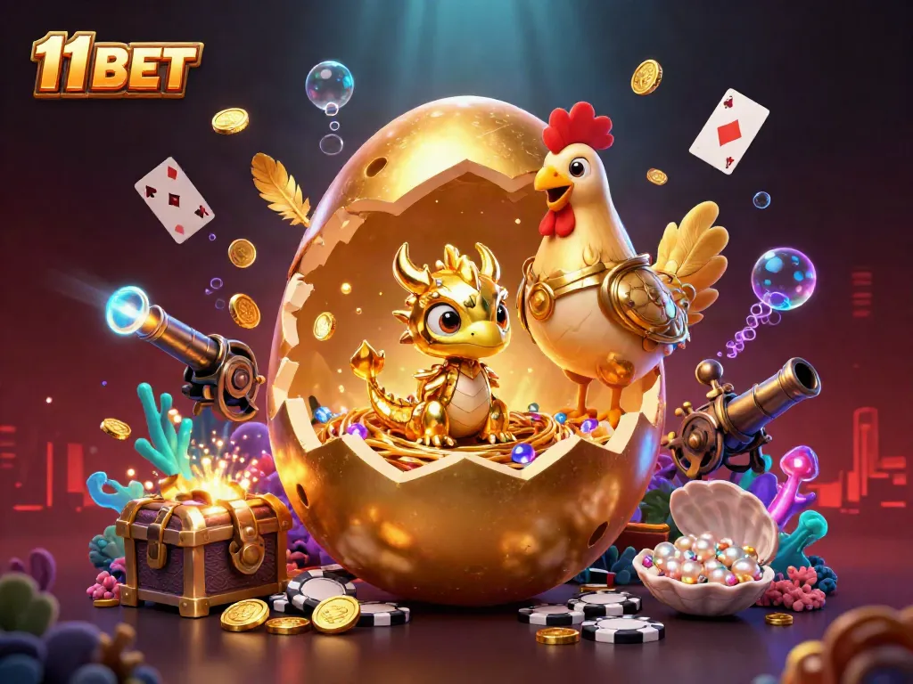 Engage with thrilling games at 11 BET with a dynamic fantasy scene of a golden dragon and poker chips.