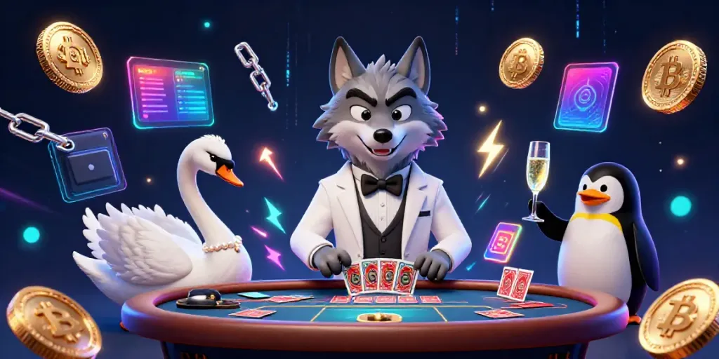 Engage in exciting gaming adventures with 79q1 featuring a wolf, swan, and penguin at a table
