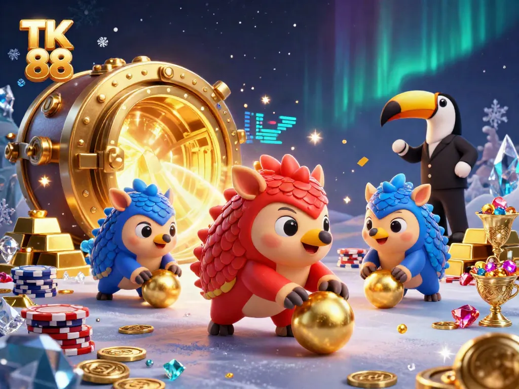 Engage in thrilling gameplay with TK 88 as rival pangolins roll into riches amidst golden treasures and poker chips.