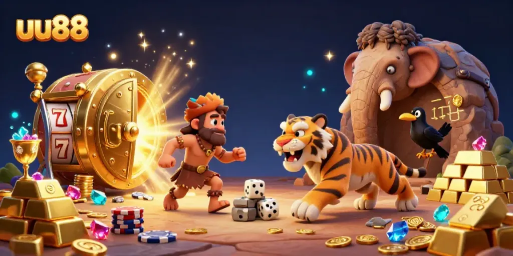 Experience thrilling gameplay at uu88 with a 3D casino illustration featuring a caveman and a saber-tooth tiger.