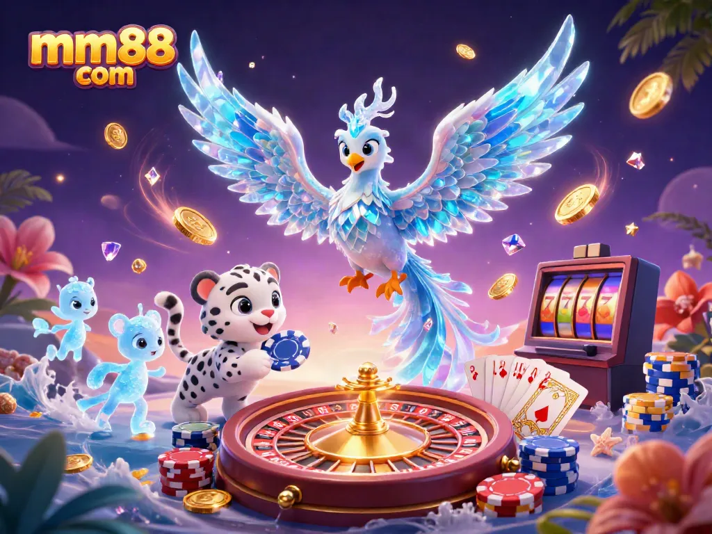 Engage with exciting mm88 com gameplay, featuring vibrant casino illustration with an ice phoenix and poker elements.