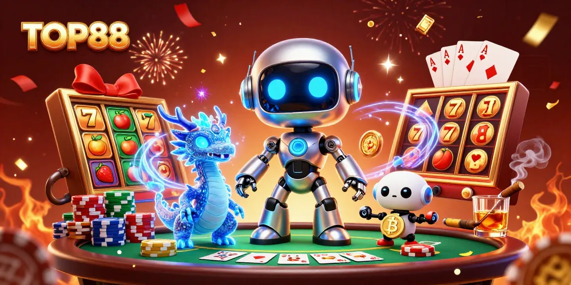 Experience thrilling gaming at TOP88 with vibrant 3D characters amidst slots and poker elements.