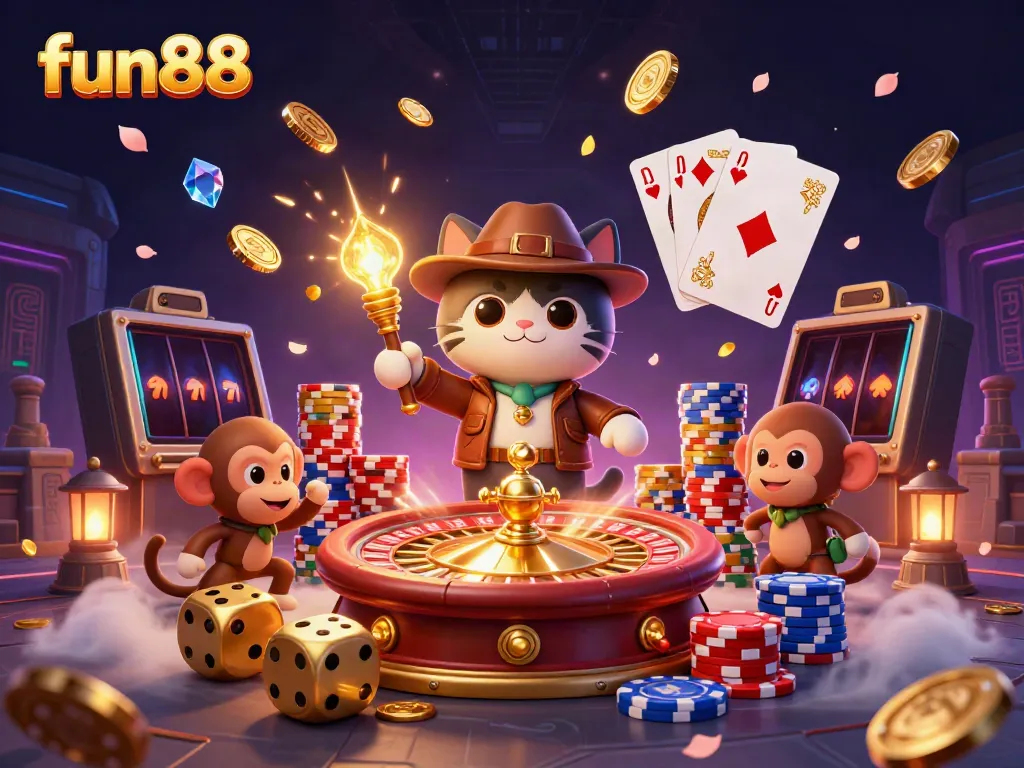 Engage with fun88 through an exciting 3D scene featuring vibrant casino artifacts and characters.