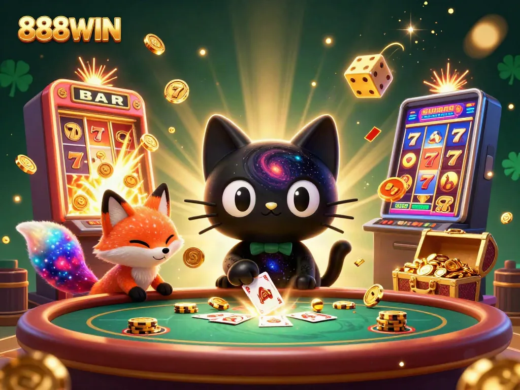 Experience thrilling games at 888WIN with the captivating black hole cat and neon elements.