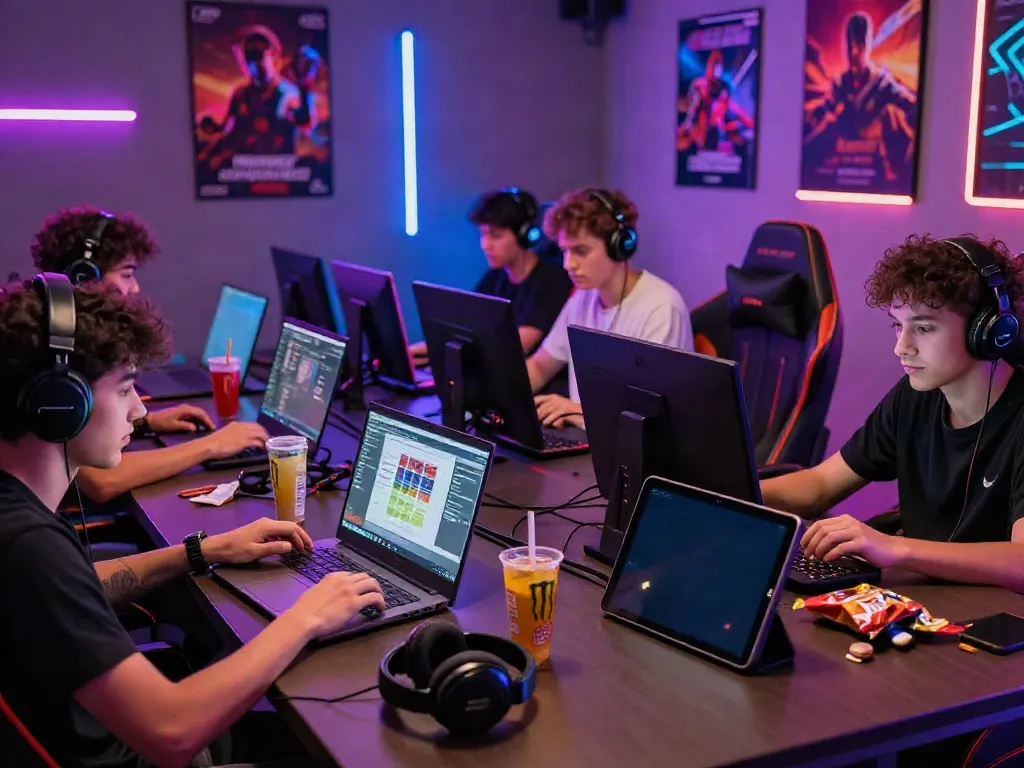 Engaged gamers enjoying diverse games on different devices at GEM88
