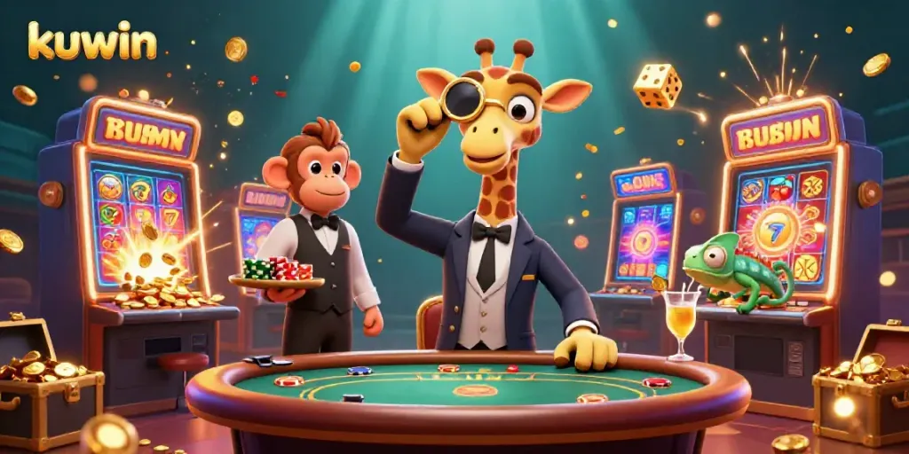 Kuwin offers immersive slot experiences and vibrant casino imagery featuring a high-roller giraffe.